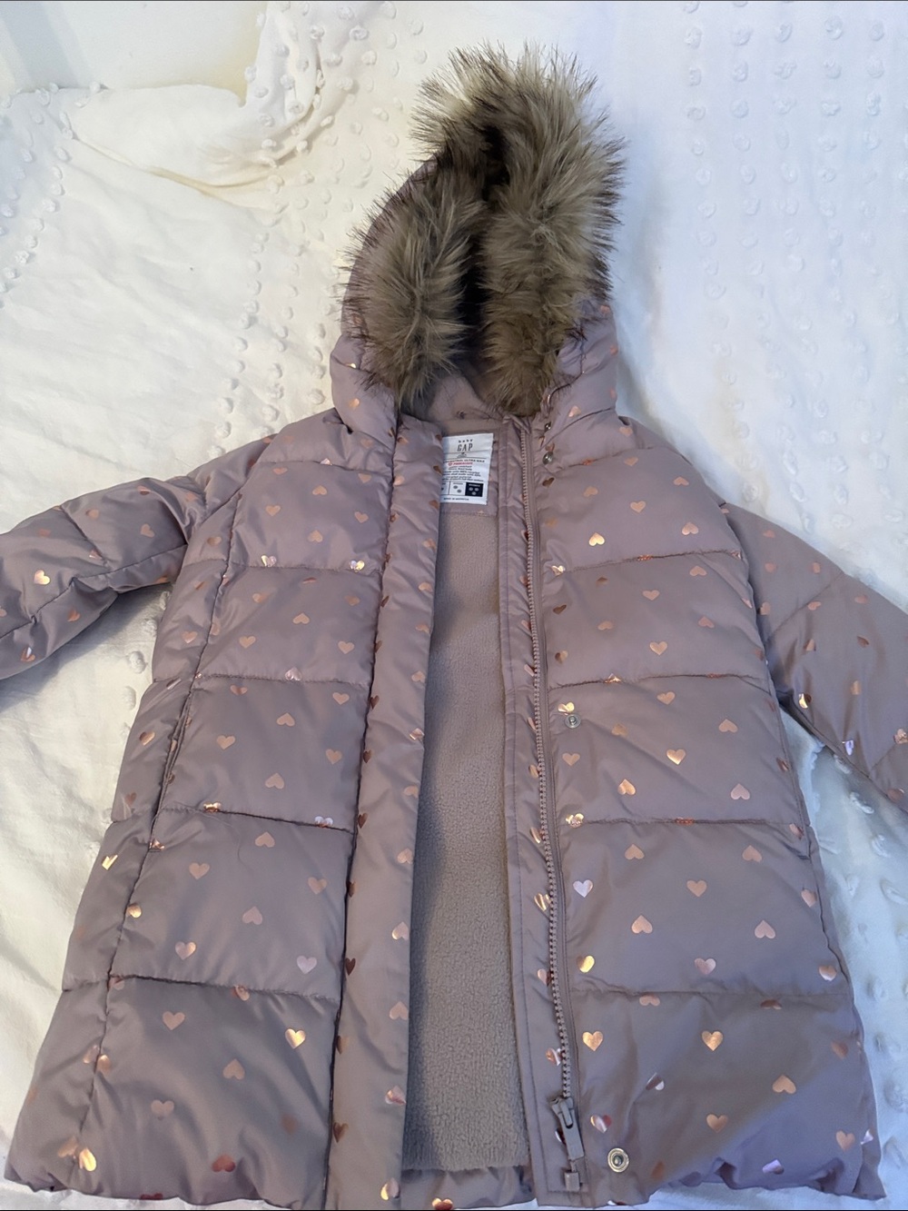 GAP Mauve Puffer Jacket with Metallic Rose Hearts and Faux-Fur Hood